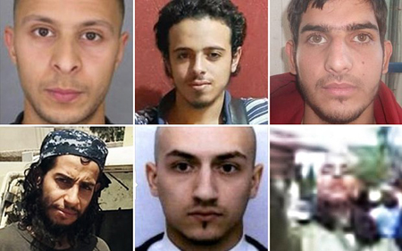 Các nghi phạm tấn công khủng bố ở Paris: Salah Abdeslam, Bilal Hadfi, Ahmad Almohamad, Omar Mostefai, Abdelhamid Abaaoud và Samy Amimour.